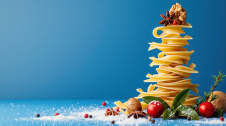 A whimsical arrangement of pasta shaped like a Christmas tree, topped with spices and nuts, perfect for evoking festive spirit in culinary creations.の素材