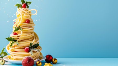 This creative Christmas-themed image features a whimsical pasta tree adorned with ornaments and holly leaves, perfect for holiday decor inspiration.の素材