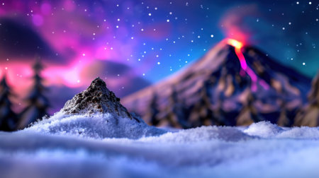 A stunning view of a majestic volcano erupting under a starry sky, surrounded by a serene snowy landscape and towering pine forests, capturing nature's beauty.の素材