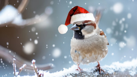 A delightful sparrow wearing a Santa hat stands amidst falling snowflakes, embodying the joy and charm of the winter holiday season in nature.の素材