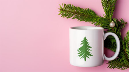 A stylish white coffee mug featuring a green Christmas tree design, placed against a soft pink background with pine branches, perfect for holiday decoration.の素材