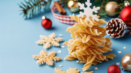 A whimsical holiday decoration featuring a pasta Christmas tree, surrounded by colorful ornaments and festive elements, capturing the joyful spirit of the season.の素材
