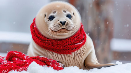 A charming young seal dons a vibrant red scarf as it relaxes on a blanket of snow, framed by a serene winter landscape and gentle snowfall.の素材