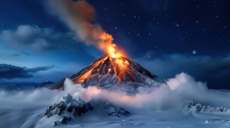 A striking image of a volcanic eruption featuring molten lava flowing down the slopes of a snowy mountain under a starry night sky.の素材