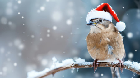 A delightful image of a small bird wearing a festive Santa hat, perched on a snow-covered branch in a serene winter landscape, capturing the essence of the holiday spirit.の素材