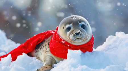 A delightful baby seal dressed in a vibrant red scarf lies peacefully on a blanket of fresh snow, creating an enchanting winter scene with snowflakes gently falling.の素材