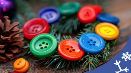 A vibrant collection of colorful buttons is artfully arranged on a holiday wreath, accented by pine cones and greenery for a festive touch.の素材