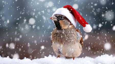A charming bird dons a festive Christmas hat while perched on a snowy backdrop, surrounded by drifting snowflakes, capturing the spirit of winter joy.の素材