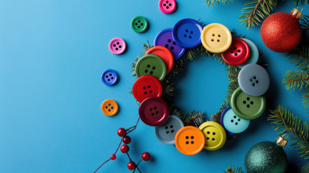 This vibrant and colorful button wreath adds a festive touch to any holiday setting. Perfect for Christmas crafts and unique decorations.の素材