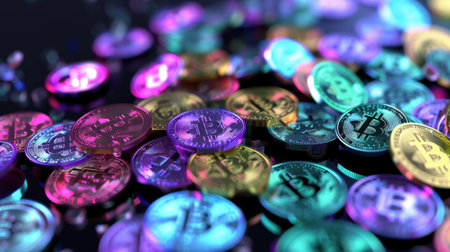 A captivating arrangement of colorful cryptocurrency coins shines brightly against a dark background, illustrating modern finance trends and digital investment opportunities.の素材
