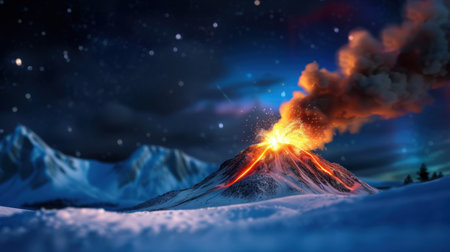 A mesmerizing view of a snow-capped volcano erupting dramatically against the night sky, featuring flowing lava, billowing smoke, and a breathtaking landscape.の素材