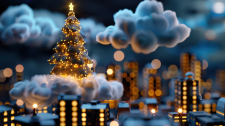 A beautiful Christmas tree adorned with glowing lights stands amidst soft clouds, creating a magical holiday scene in a vibrant city at night.の素材