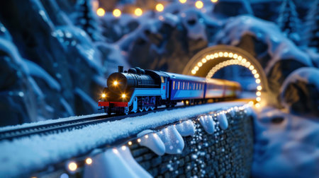 This enchanting image showcases a vintage train model gliding through a snowy landscape, illuminated by warm lights from a tunnel, creating a cozy winter atmosphere.の素材