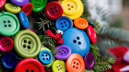 A vibrant decorative wreath featuring an assortment of colorful buttons on a backdrop of greenery. Perfect for festive seasonal decor ideas.の素材
