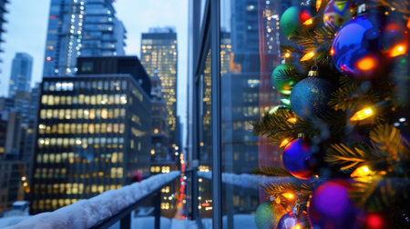 A stunning view of a city skyline at dusk, showcasing a beautifully decorated Christmas tree adorned with vibrant ornaments and twinkling lights.の素材
