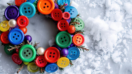A vibrant wreath made of assorted colorful buttons set against a snowy backdrop. Ideal for holiday crafts and decoration inspiration, this image captures creativity and festive cheer. Perfect for DIY enthusiasts!の素材