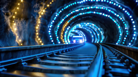 A mesmerizing view of a glowing tunnel with train tracks, illuminated by colorful lights creating an enchanting atmosphere, perfect for transport and abstract themes.の素材