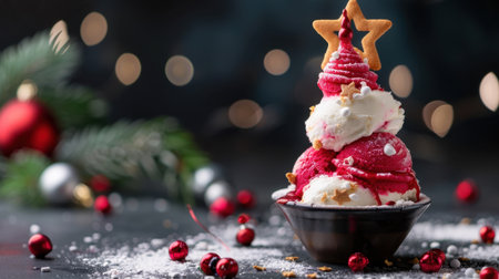 This festive ice cream dessert resembles a Christmas tree, adorned with red and white scoops, star-shaped cookie, and holiday ornaments, creating a joyful holiday treat.の素材
