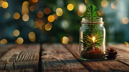 This captivating image features a miniature tree inside a jar, illuminated by a soft candlelight glow. The background is filled with warm bokeh lights, creating a cozy festive atmosphere perfect for holiday decorations.の素材