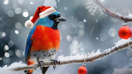 A charming scene featuring a vibrant bird adorned with a Santa hat, perched on a snow-covered branch, creating a joyful holiday atmosphere. Perfect for seasonal themes.の素材
