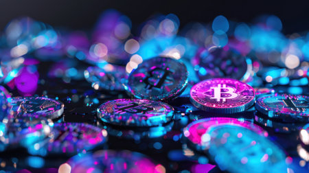 This striking image features vibrant Bitcoin coins illuminated by colorful lights, creating a captivating visual ideal for themes of finance, investment, and technology.の素材