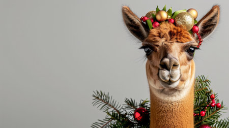 A cheerful llama adorned with Christmas decorations and accessories brings a festive spirit to any holiday-themed project. Its unique personality shines through in a charming portrait, ideal for capturing the joy of the season.の素材