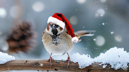 A delightful bird perched on a snowy branch, wearing a festive Santa hat, captures the essence of winter joy and holiday spirit in this charming scene.の素材