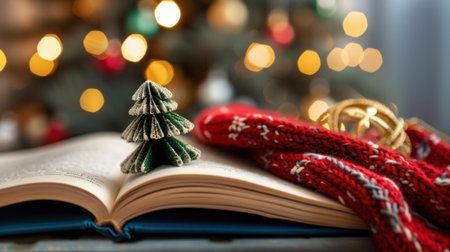 A charming holiday scene featuring a handmade miniature paper Christmas tree resting on an open book, complemented by a cozy knitted scarf and soft bokeh lights in the background.の素材