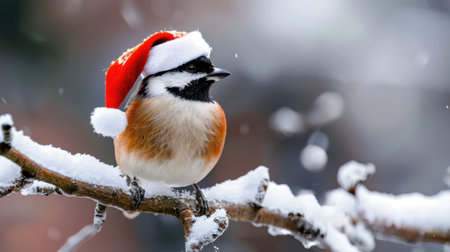 A charming bird dressed in a festive Christmas hat perches on a snow-dusted branch, embodying the spirit of the holiday season in a picturesque winter landscape.の素材
