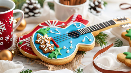A delightful arrangement featuring colorful holiday cookies shaped like a guitar, alongside a cozy mug of coffee, creating a warm festive atmosphere.の素材