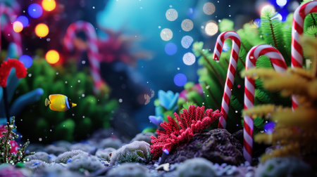 This enchanting underwater scene features colorful coral, festive candy canes, and tropical fish, creating a whimsical holiday atmosphere in the ocean.の素材