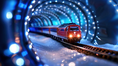 A captivating image of a toy train traveling through a luminous tunnel adorned with colorful lights and a winter-themed landscape. Perfect for festive themes.の素材