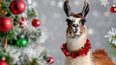 A cheerful llama adorned with a festive collar poses against a holiday backdrop featuring a Christmas tree and colorful ornaments, radiating joy.の素材