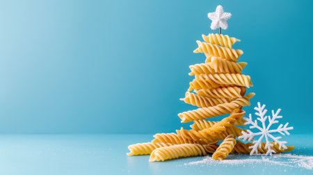This whimsical image showcases a pasta Christmas tree, artistically arranged with spiral noodles and decorated with snowflakes, embodying festive creativity.の素材