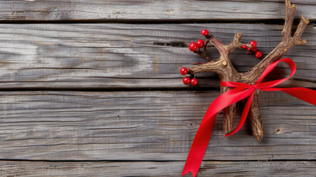 A charming rustic holiday decoration featuring red berries and a vibrant ribbon, beautifully arranged on a weathered wooden background for festive seasonal visuals.の素材