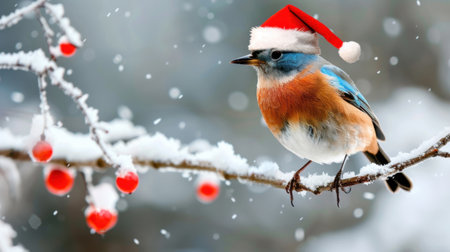 A charming bird adorned with a festive Santa hat sits on a snow-covered branch, surrounded by delicate red berries, evoking a joyful winter atmosphere.の素材