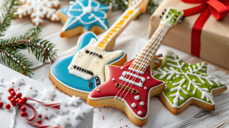A vibrant display of beautifully decorated holiday cookies shaped like guitars and festive symbols, perfect for Christmas celebrations and gatherings.の素材