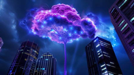 A stunning depiction of a luminous tree rising amidst a modern city skyline, creating a dreamlike atmosphere. The vibrant purple and blue colors contrast beautifully with the urban architecture, inviting viewers into a fantastical realm.の素材