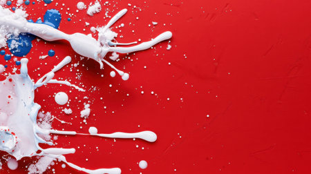 This vibrant image captures an energetic splash of white and blue paint against a bold red background, ideal for artistic and creative projects.の素材