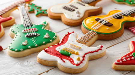 A delightful assortment of colorful guitar-shaped cookies decorated with festive icing, perfect for holiday parties and celebrations, bringing joy and sweetness.の素材
