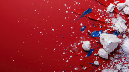 This striking image showcases an abstract explosion of white crystals and blue paint against a bold red background, emphasizing vibrant color contrast and artistic expression.の素材