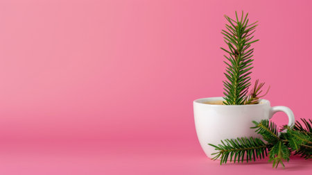 A minimalist composition featuring a white cup with fresh green branches emerging from it, set against a soft pink background, ideal for spring decor.の素材