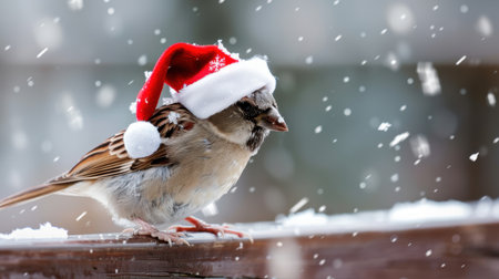 A charming bird wearing a festive Christmas hat stands on a wooden perch amidst a gentle snowfall, capturing the joy of winter.の素材