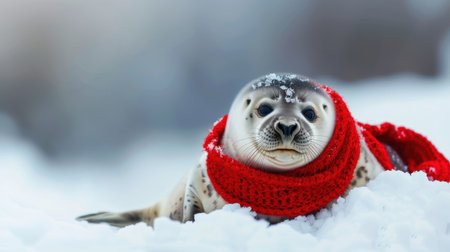 This charming image features a seal draped in a vibrant red scarf, resting on a snowy surface. The serene winter setting highlights the seal's playful yet cozy demeanor.の素材