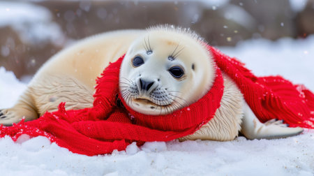 A charming baby seal enjoys a snowy scene while wearing a bright red scarf. This adorable creature captures the essence of winter in a natural setting.の素材