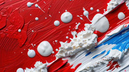 An abstract representation of vivid color blending on a canvas featuring dynamic red, white, and blue paint. The texture showcases creativity and artistic flair.の素材