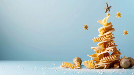 A whimsical holiday tree crafted from spiraled pasta twists, adorned with golden stars and ornaments, perfect for festive decorations and culinary displays.の素材