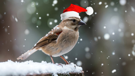A charming bird wearing a festive Christmas hat stands boldly in the snow, embodying the spirit of the winter season in a serene natural setting.の素材