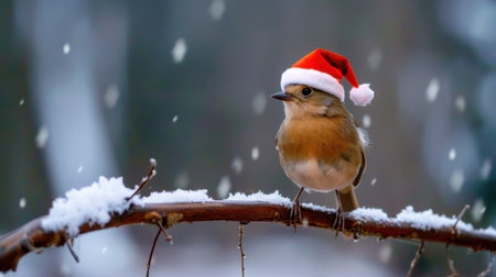 A charming bird with a red Christmas hat perched on a snow-covered branch, surrounded by gentle snowfall, creating a festive winter atmosphere.の素材