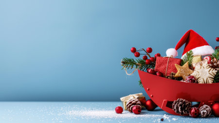 A vibrant red sleigh overflowing with Christmas gifts, pine cones, and holiday ornaments creates a warm festive atmosphere perfect for celebrations.の素材